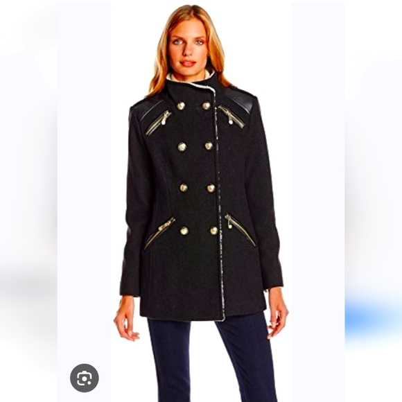(S)🖤Vince Camuto🖤 Black🖤 Wool Military Style Coat Gold Hardware - Picture 2 of 11